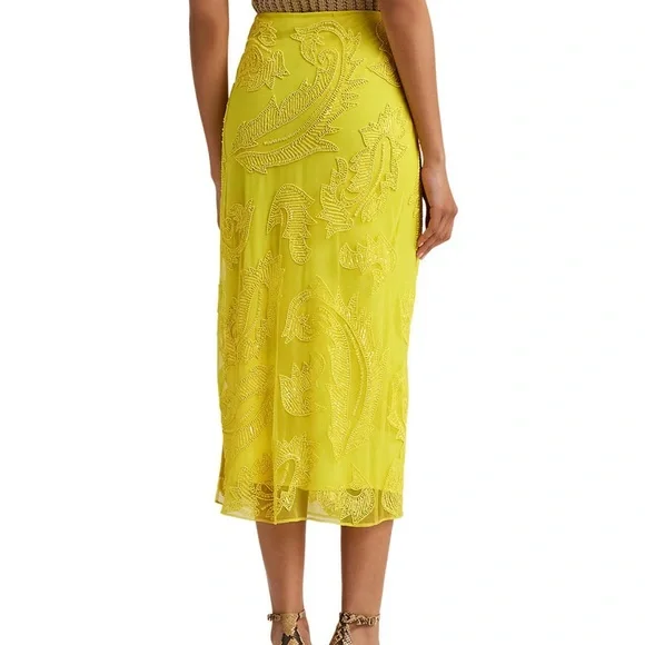 NWT Lauren Ralph Lauren Beaded Mesh Midi Skirt in Lemon Yellow Sz 6 Retail $295 - Picture 2 of 5